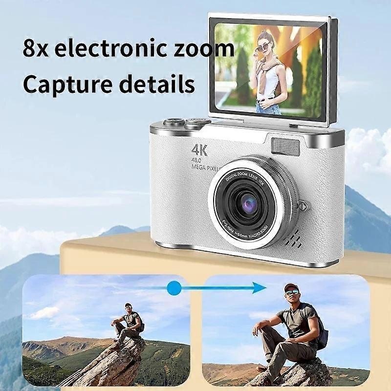Fotocamera Digitale 4K 48MP Compatta Piccola Fotocamera Zoom 8X Fotocamera per Vlogging Schermo Ribaltabile 180 Videocamera per Adolescenti Adulti Principianti