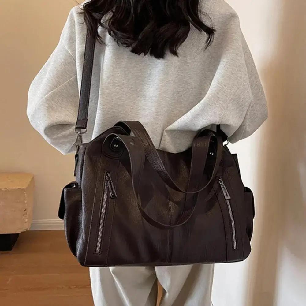 Vintage Women's Bag Multiple Pockets Secure Storage Soft Leather Tote Shoulder Bag For Women Commuting Bga