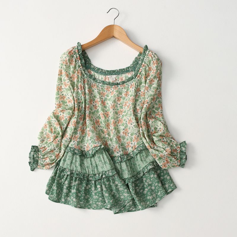 

Export Export Rural Age-Reducing Fresh Floral Blouse Wooden Ear 3/4 Sleeve Loose Square Collar Doll Shirt Thin Light green small floral Eurocode-XL