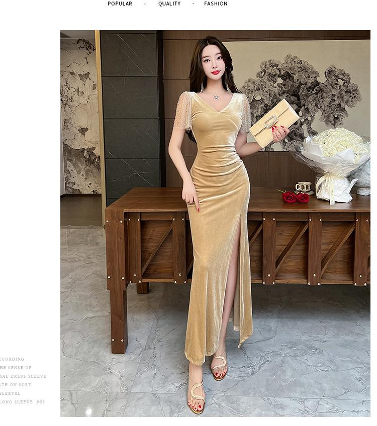New evening dress women's high-end sexy low-cut dress women's thin temperament V-neck long dress