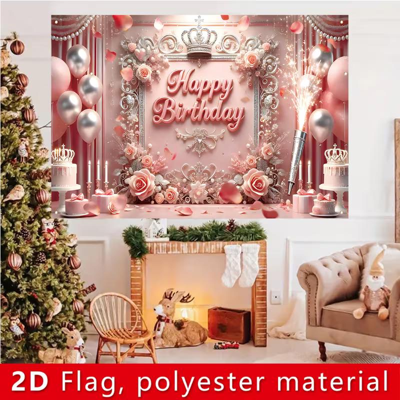 2D Princess Birthday Background Cloth, Pink Balloon & Rose Tapestry