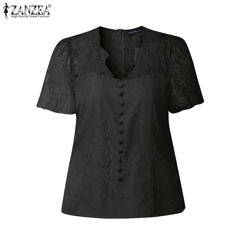 ZANZEA Women Lace Patchwork Summer Casual V-Neck Short Sleeve Blouse
