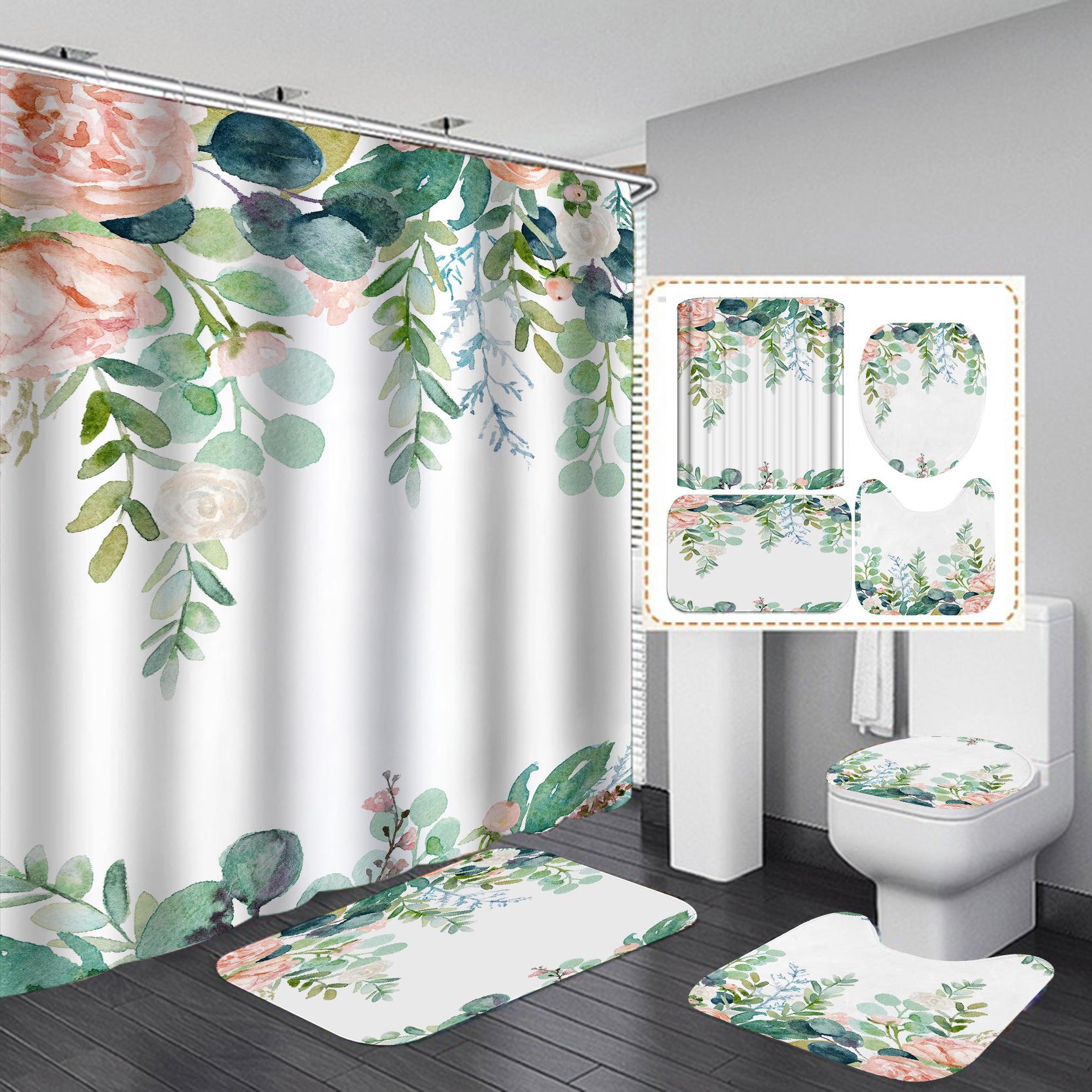 

4 шт. Цветочная серия Наборы занавесок для душа для ванной комнаты Нескользящие коврики для ванной комнаты Крышка для унитаза Коврик для ванной 4Pcs
