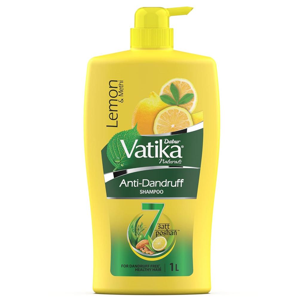 Dabur Vatika Lemon Anti-Dandruff Shampoo 1L | Reduces Dandruff, Nourishes Scalp & Hair | Gentle Cleansing With Lemon, Methi & Natural Oils