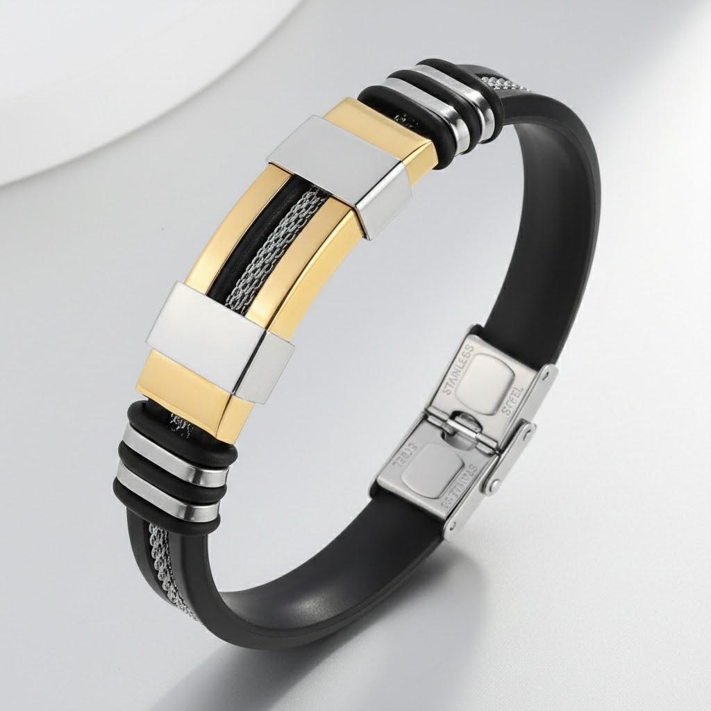 

Men s Adjustable Silicone Bracelet Stainless Steel Cuff Wristband Trendy Jewelry Accessories for Men 1PC золотий
