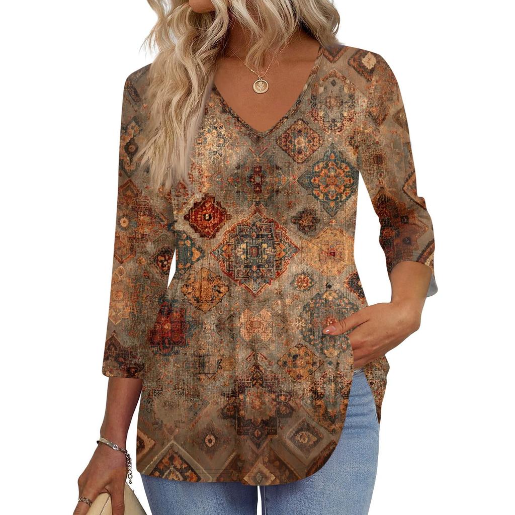 Women's T Shirt Print 3/4 Sleeve Fashion Basic V- Neck Regular Top