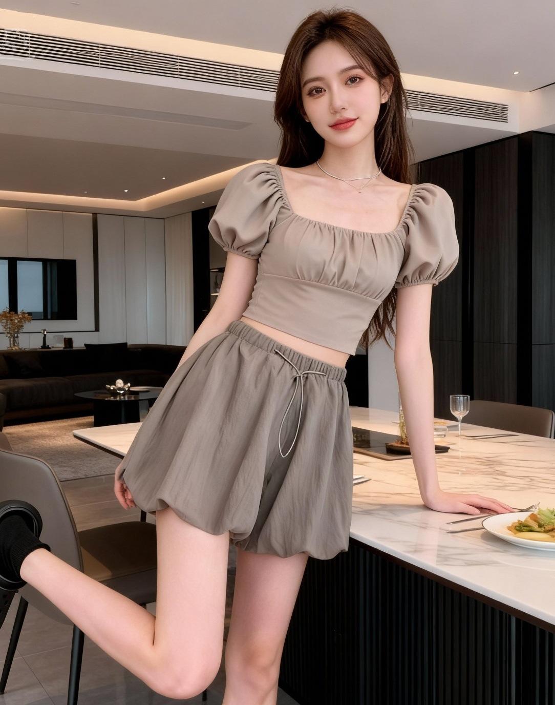 Summer Spicy Girl Slimming Puff Sleeve Set with High Waist Ice Silk Skirt Pants XL