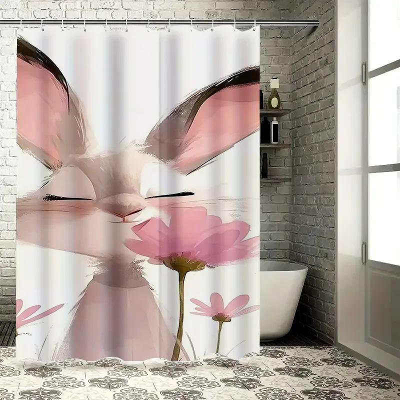 Cute Bunny with Pink Flowers Design Waterproof Shower Curtain Heat Resistant Machine Washable Non-Transparent 180x180cm