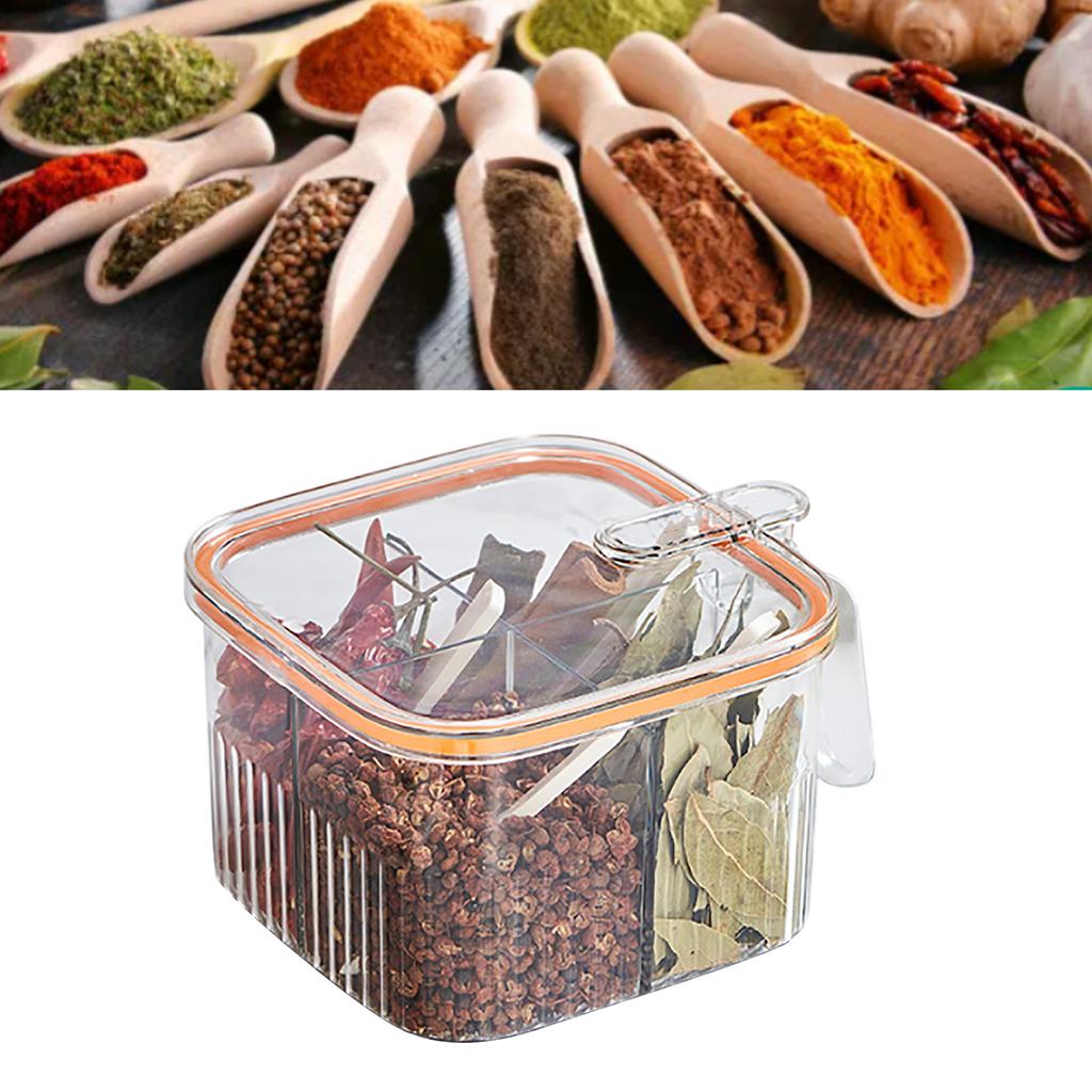 4 Grid Clear Seasoning Box Kitchen Spice Pot Condiments Storage Container with Cover and Spoon Transparent and Orange