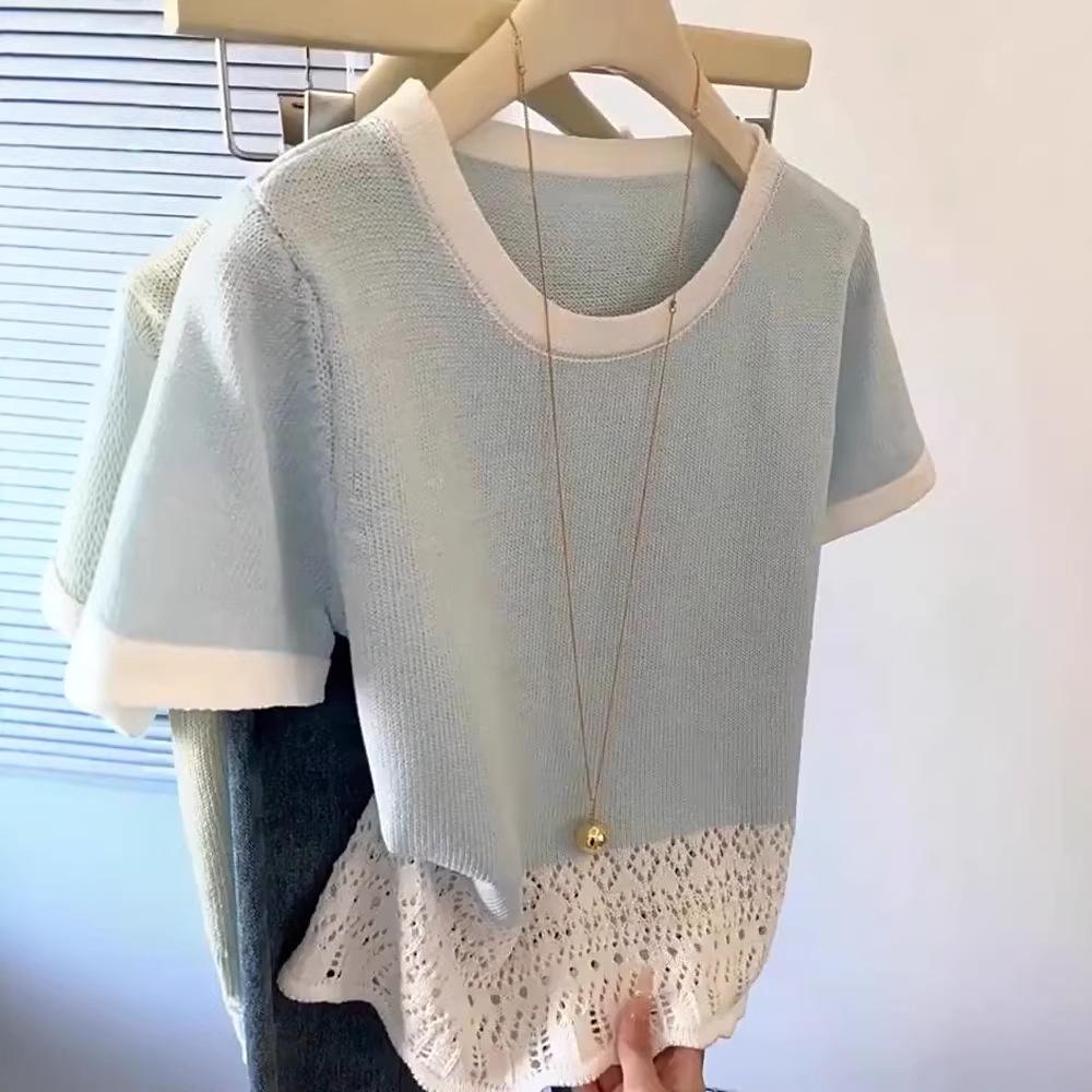 Round Neck Short Sleeved T-shirt for Women Spring and Summer Stylish Design and Knitted Top S