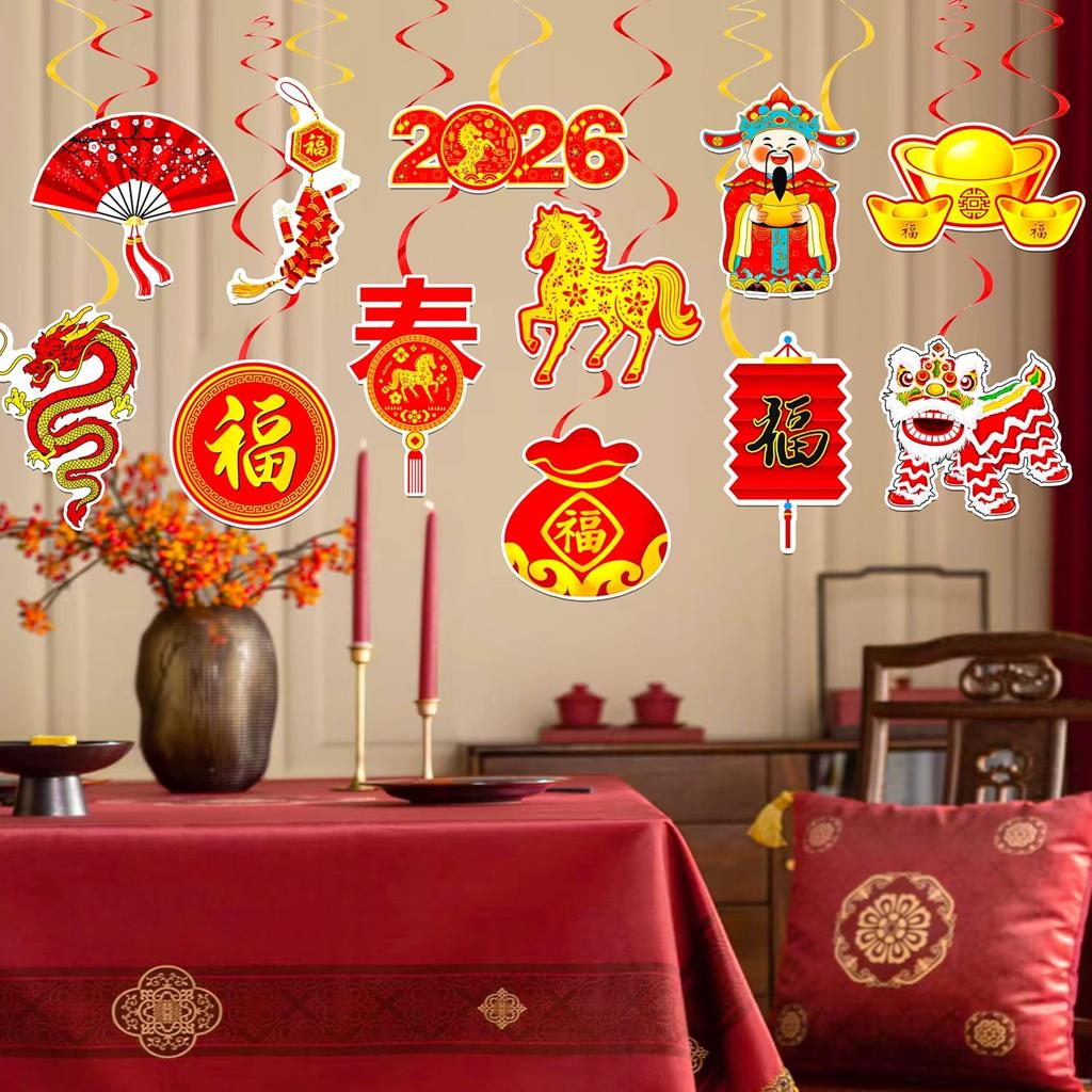 Happy Chinese New Year Hanging Swirls 2026 Chinese New Year Party Decoration Year of The Horse Themed Ceiling Swirls Spring Festival Hanging