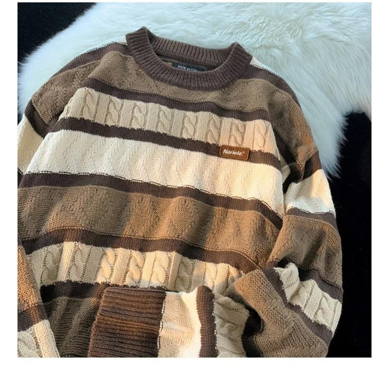 Unisex Lockere Passform Langarm Rundhals Gestreifter Strickpullover Für Herbst Winter