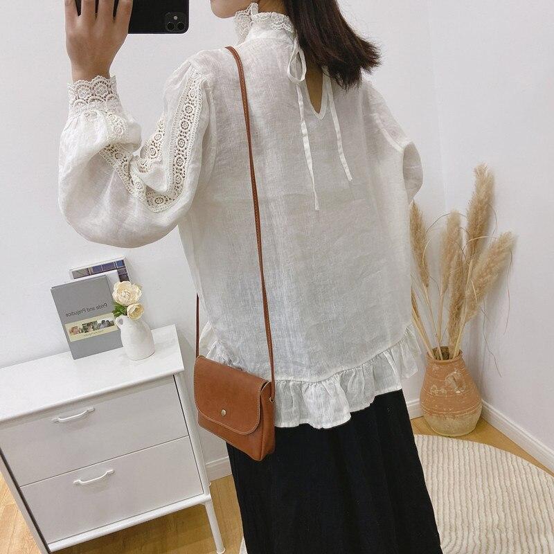Vintage Linen Ruffle Collar Hollow Out Women Blouses Spring Autumn Loose Patchwork Lace Tie Women Shirts
