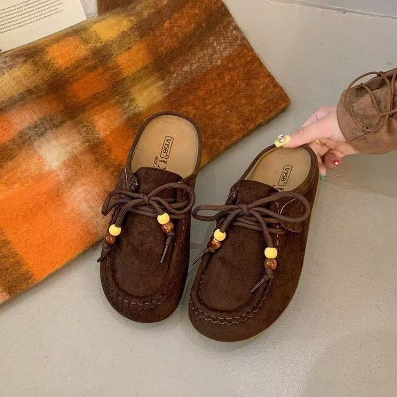 Retro Beaded Baotou Boken Half Slippers Autumn New One-pedal Thick-soled Literary and Versatile Slippers