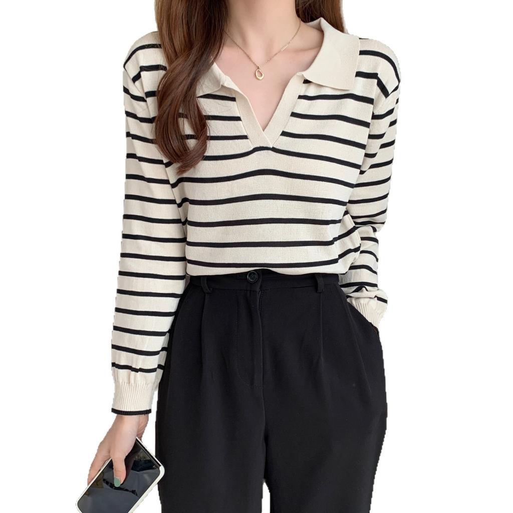 New Autumn Women's New Polo Collar Striped Long-sleeved Knitted Sweater Loose Casual Age Reduction
