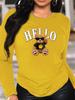 Women's Spring and Autumn Comfortable Casual Long Sleeved HELLO Bear Cartoon Printed Round Neck T-shirt
