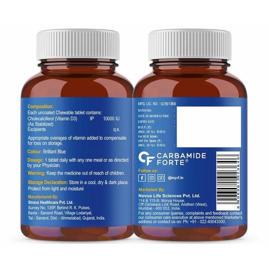 Carbamide Forte Vitamin d3 10000iu | Chewable Vitamin D Tablets | D3 Supplement for Bone & Immunity  | Orange Flavour - 60 Tablets
