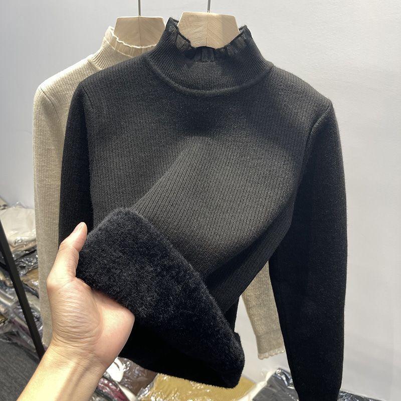 

Свитер для женщин Осень Зима Утепленный Теплый Вязаный Эластичный С длинным рукавом Водолазка Топы XXL чёрный