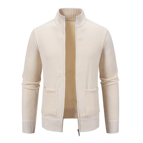 Men Knitted Jacket Stand Collar Long Sleeve Zipper Closure Sweater Coat with Pockets Thickened Plush Lining Knitwear