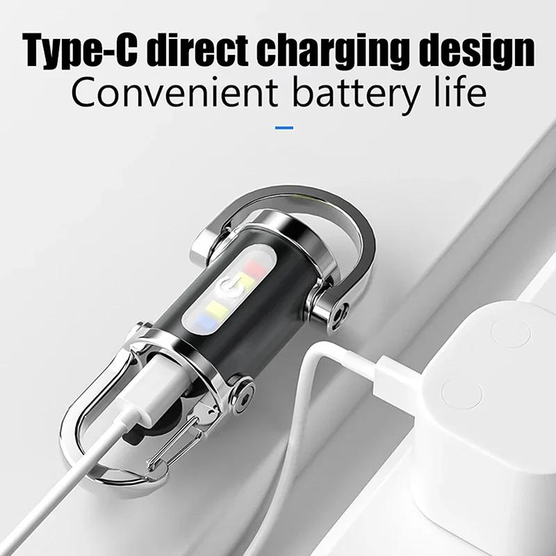 Cob Work Light Type-C Rechargeable Led Flashlight Keychain Hanging Portable Light Keyring Camping Pocket Lamp For Outdoor