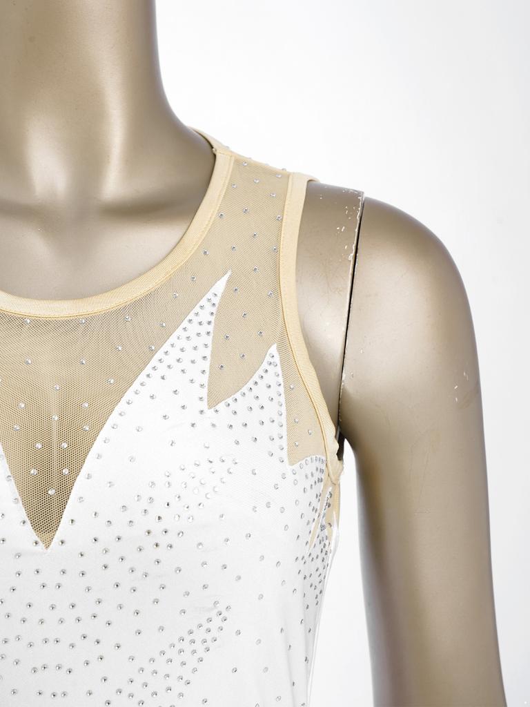 Body da ginnastica femminile con strass, piume soffici, orlo irregolare, senza maniche, con bottoni all'inguine