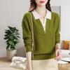 Autumn and winter new lapel splicing outer wear women's sweater fake two-piece cover fashion knitted bottoming shirt