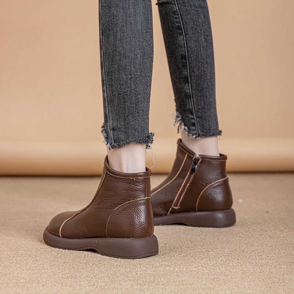 Genuine Top Layer Cowhide Mom Boots, Wool Lined Warm Martin Boots, Thick Sole Soft Leather Winter Short Boots for Women SA‑810
