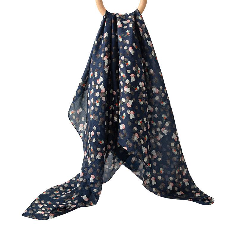 100% mulberry silk long  high-grade navy blue small floral silk scarf shawl sunscreen