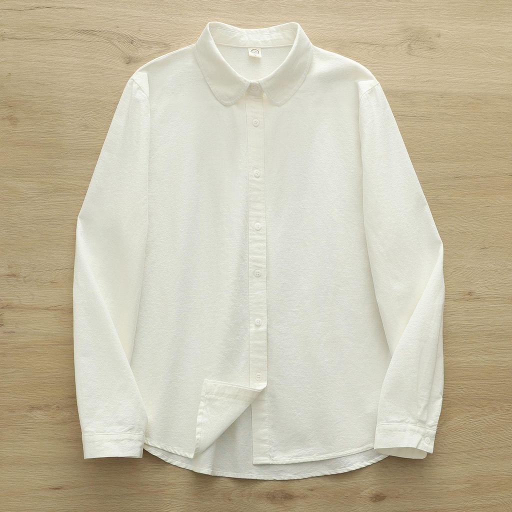 Women's Casual Round Neck Long Sleeve Brushed Cotton Shirt for Winter and Autumn