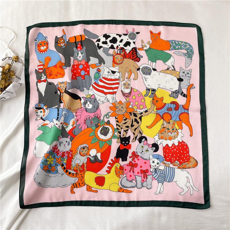 Lightweight Printed Small Square Scarf for Women, Cute Cat Floral Neck Warmer Windproof Bandana Hair Band Silk Scarf for Women