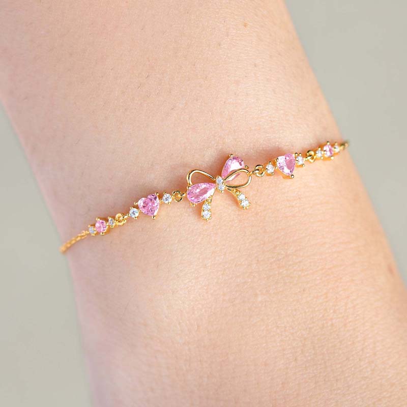 Y2K Pink Zircon Bowknot Love Heart Chain Bracelets For Women Exquisite Shiny Crystal Adjustable Bracelets Birthday Jewelry Gift