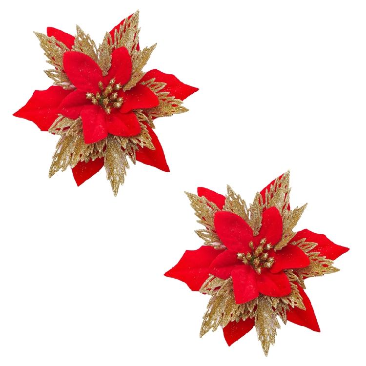 2pcs Christmas Glitter Poinsettia Flowers Xmas Tree Ornaments Home Decorations