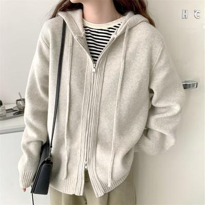 Hooded Double Zip Sweater Jacket Women's Loose Chunky Knit Cardigan