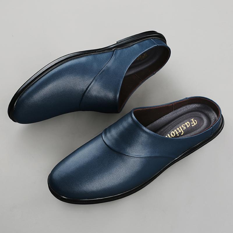 Fashion Genuine Leather Mens Half Slippers Summer Breathable Casual Shoes Slip-on Lazy Driving Shoes Walking Loafers Moccasins Half Drag