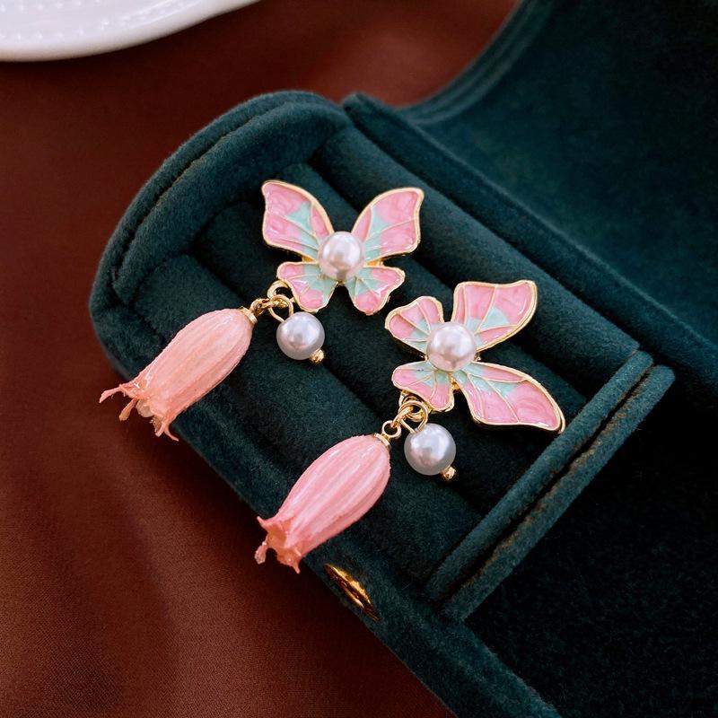dripping oil contrasting color butterfly wind chimes flower silver needle earrings sweet flower temperament earrings
