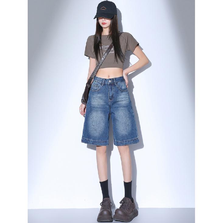 High Waist Black Retro Washed Denim Shorts Women'S Harajuku Vintage Fashion Casual Loose Y2K Streetwear Mid Long  Wide Leg Pants