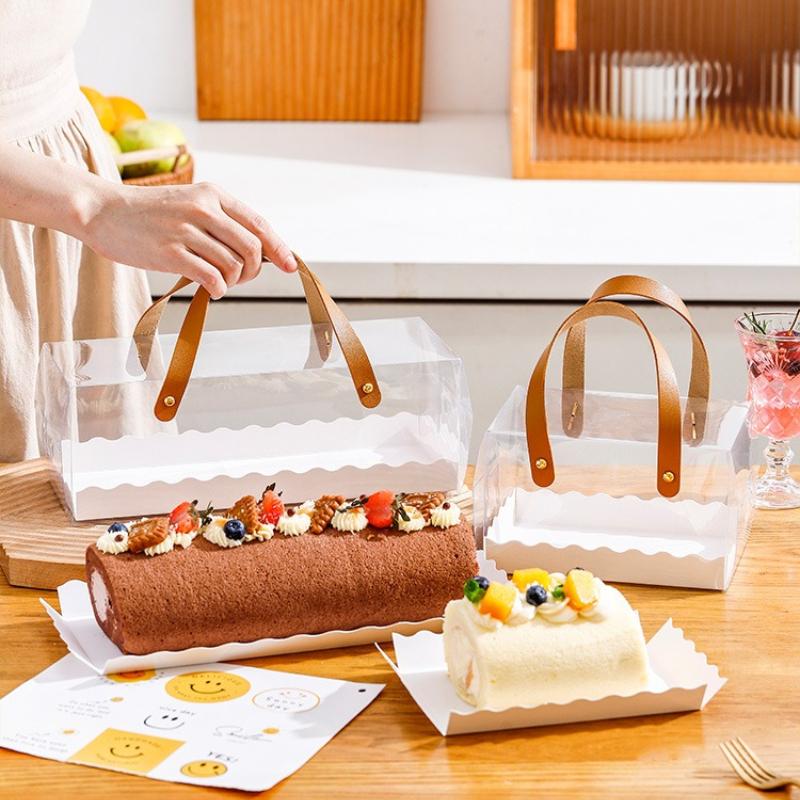 Portable Cake Roll Transparent Box Western Style Dessert Packaging Boxes Rectangular Pastry Case 10pcs Handheld Swiss Roll Cases Double-sided Laminat