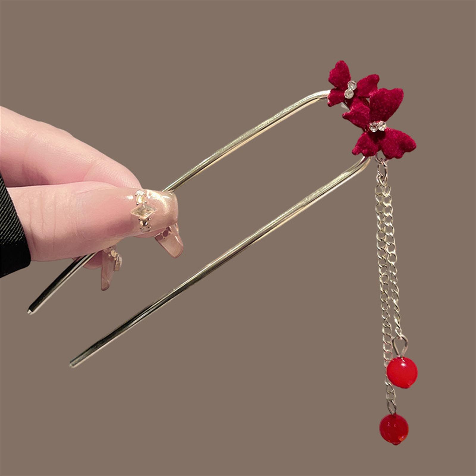 New Chinese Style U-Shaped Hairpin Red Butterfly Design Elegant Ancient Style Tassel Hairpin For Bride Updo U Shape Tassel Hairp чёрный