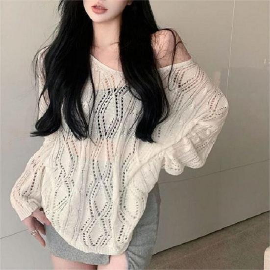 Women Knitting Hollow Design Tops V-Neck Straps Collar Long Sleeve Pullover Tops