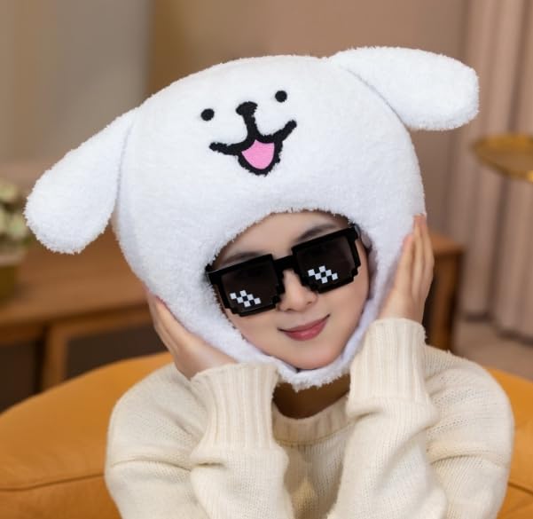DOKiDOKi Dog Hat Cosplay Smiling Dog Transformation Mask Halloween Headgear Plush Kigurumi Headwear Fluffy Cute Halloween [White] [Used]