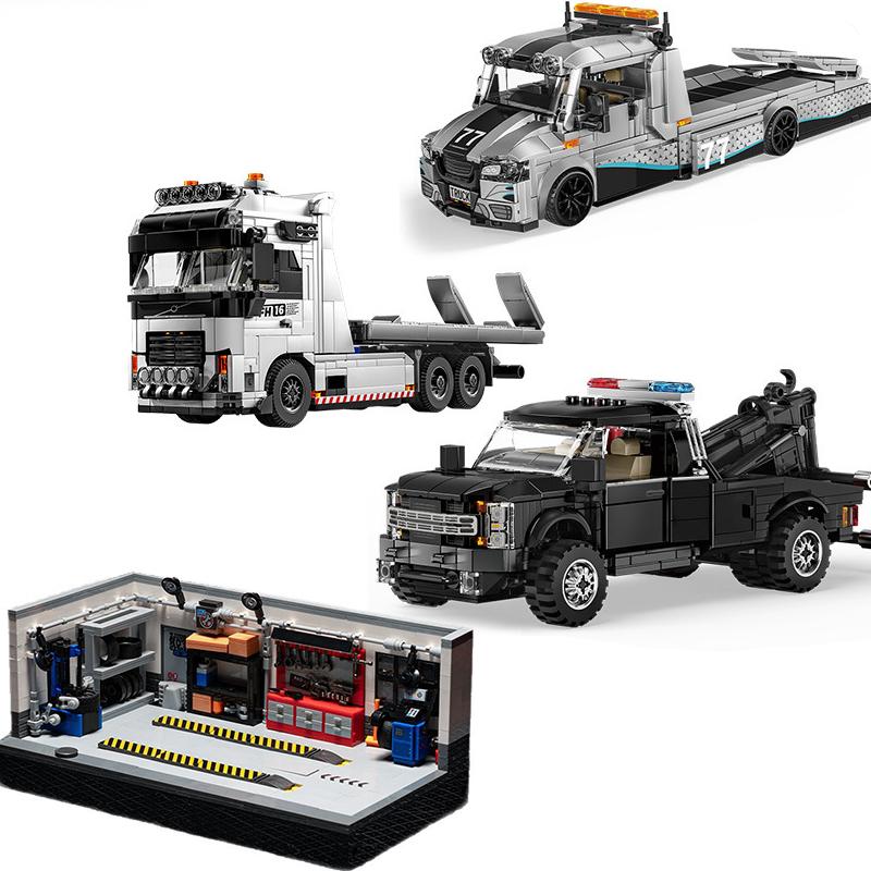 Garage Speed Schwertransportfahrzeug Traktor Lieferwagen Auto Stadtfahrzeug Modulare Bausteine Sets Renn MOC Kreatives Lernspielzeug Geschenk