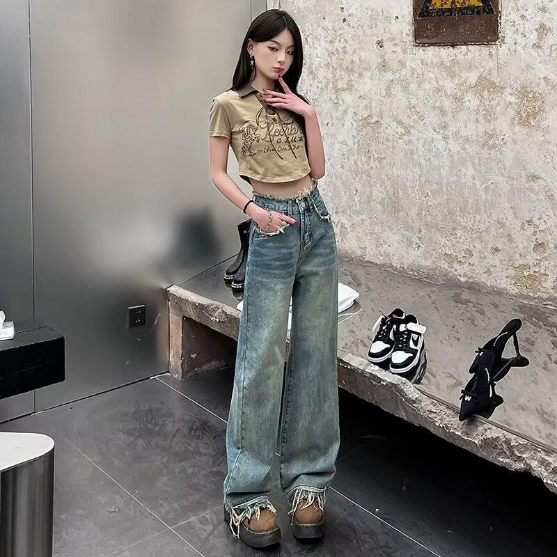 Women s High-Waisted Retro Wide-Leg Jeans, Floor-Length Frayed Straight-Leg, Spring/Autumn 2024. XL