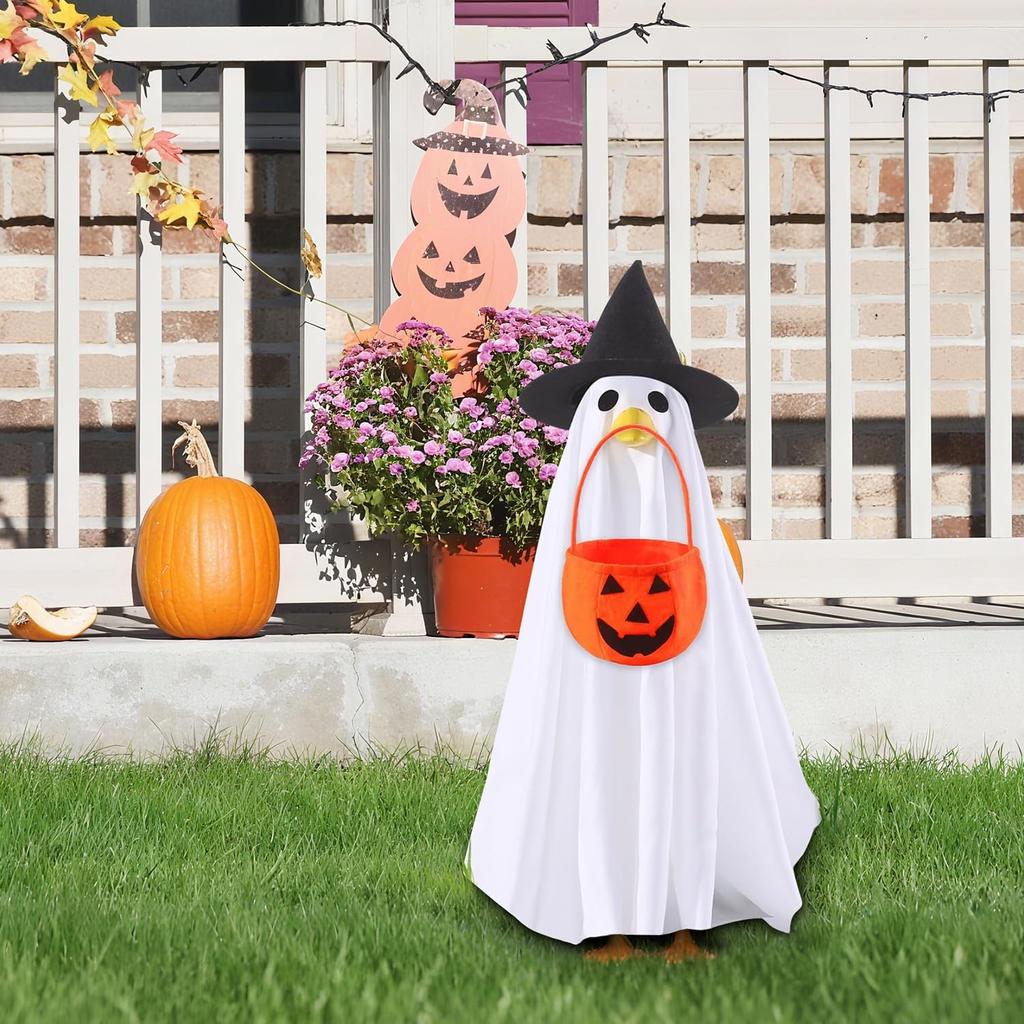 Festive Goose Clothes Goose Costume Accessories Halloween Goose Outfit Set with Witch Hat Pumpkin Bucket for 23inch Statue for Porch