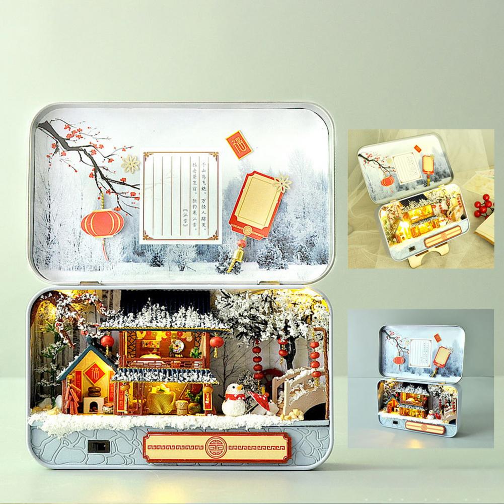 Winter Miniature House Decor Diy Miniature House Kit Seasonal Handmade Miniature House Iron Box Decorations with Led for Diy