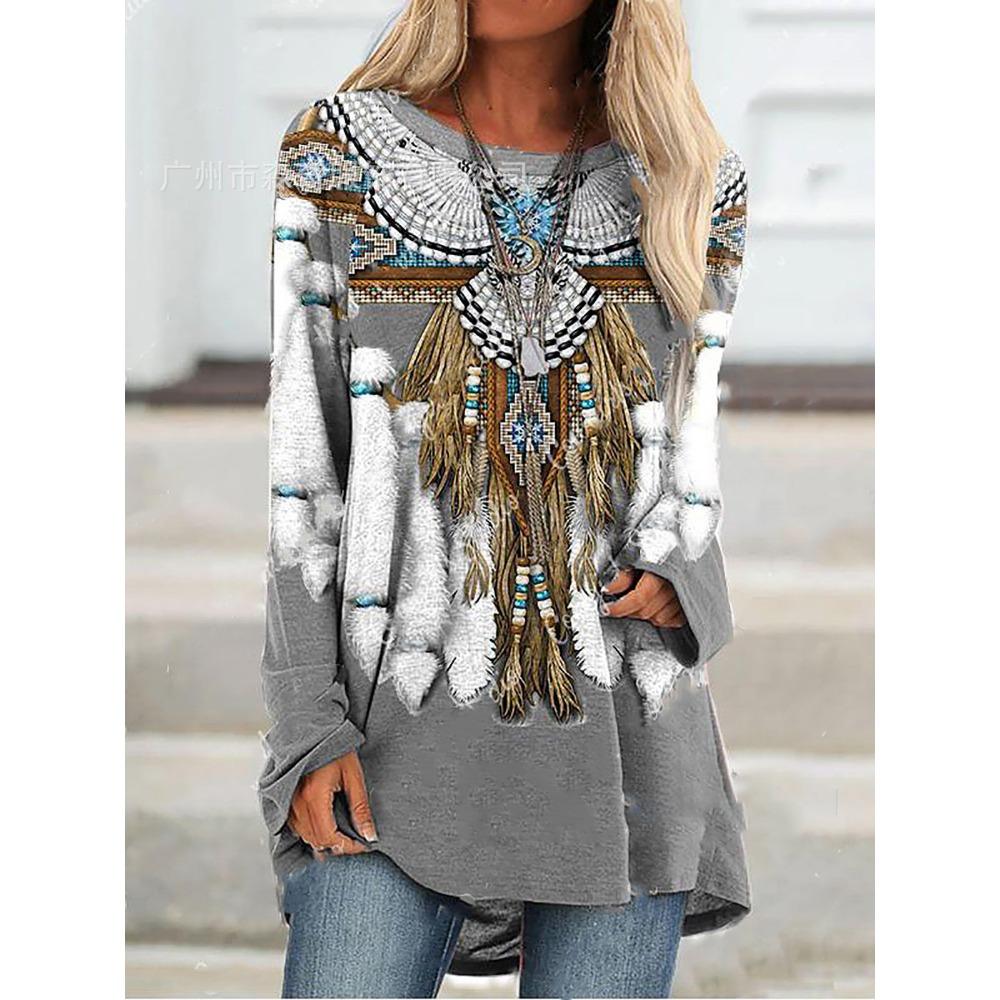 T-shirt z nadrukiem 3D Koszulki Damska Moda T-shirt Długi Rękaw Etniczne Top Topy Nadruk Natywny T-shirt Długie Top Damskie