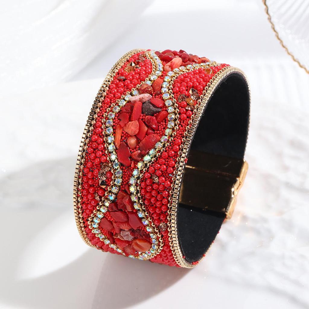 Cross-Border Bohemian Gemstone & Crushed Stone Bead Leather Bracelet for Women with Stainless Steel Magnetic Clasp