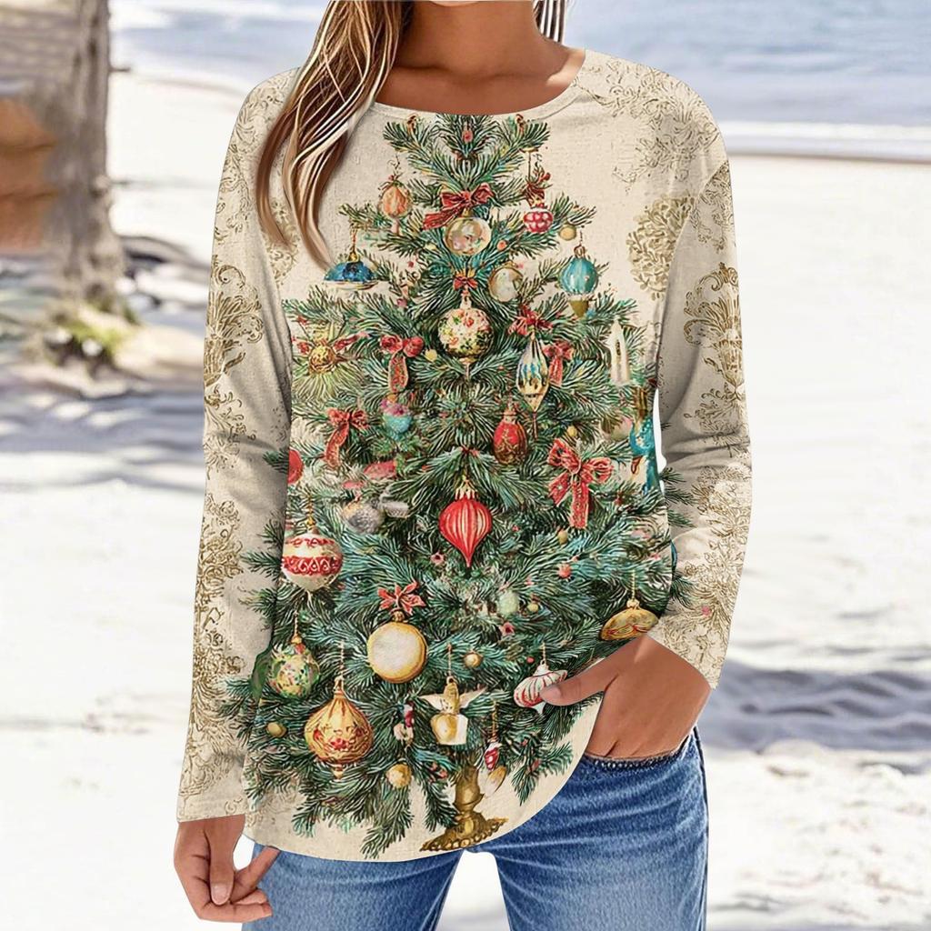 Women's Casual Long Sleeve Christmas Print Round Neck Top
