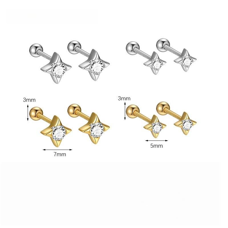 S925 Sterling Silver Inlaid Zircon Star Screw Earrings for Women Simple INS Fashionable Versatile Plating K Gold Earrings