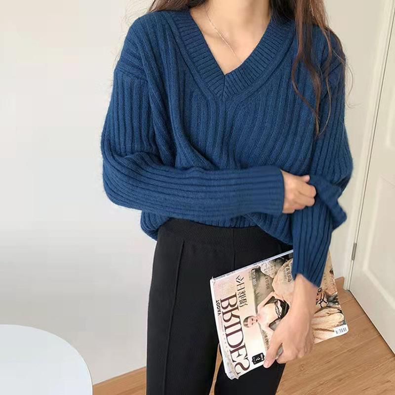Retro Pullover für Damen Frühherbst Neues Design Nische V-Ausschnitt Strickpullover