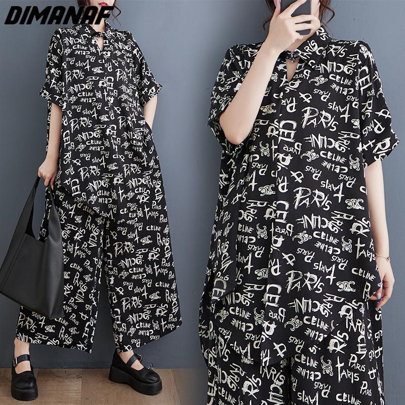 DIMANAF 2023 Plus Size Two Piece Set Suit Women Vinatge Print  Tops Pants Letter Female Suit Summer Wide Leg Pants